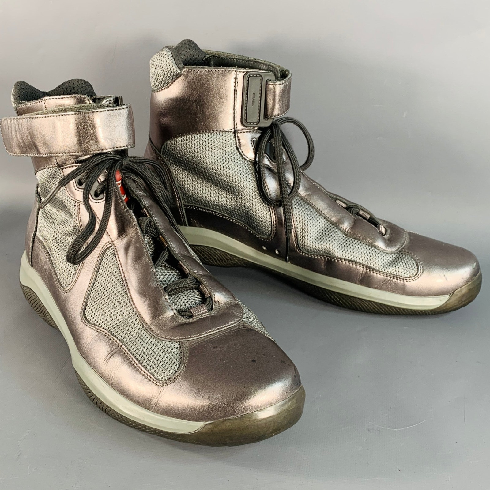 Prada Sport Size 10.5 America's Cup Silver Leather Nylon Mesh Ankle Sneakers